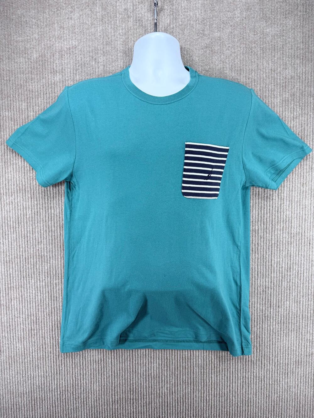 Nautica Mens Medium NWT Teal Shaded Spruce Striped Pocket Tee Short Sleeve Shirt
